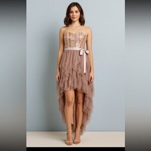 NWT Teeze Me Strapless Sequin Tulle High-Low Dress Blush Pink Nude Size 3